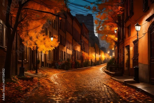 An evening scene in an urban alleyway  illuminated by soft  warm streetlights. Autumn leaves  in shades of orange  yellow  and brown  are scattered across the cobblestones