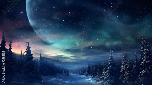 Night sky in the winter forest