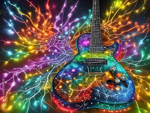 A colorful guitar in neon colors. National Guitar Day. Music brings happiness
