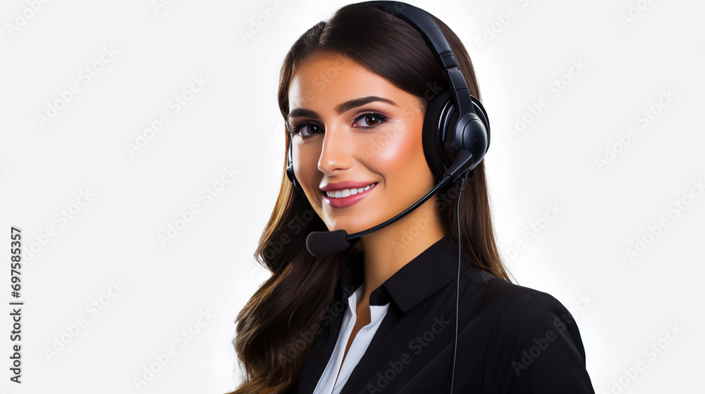 Beautiful female customer service representative in headset consulting clients online. Call center agent. Generative AI