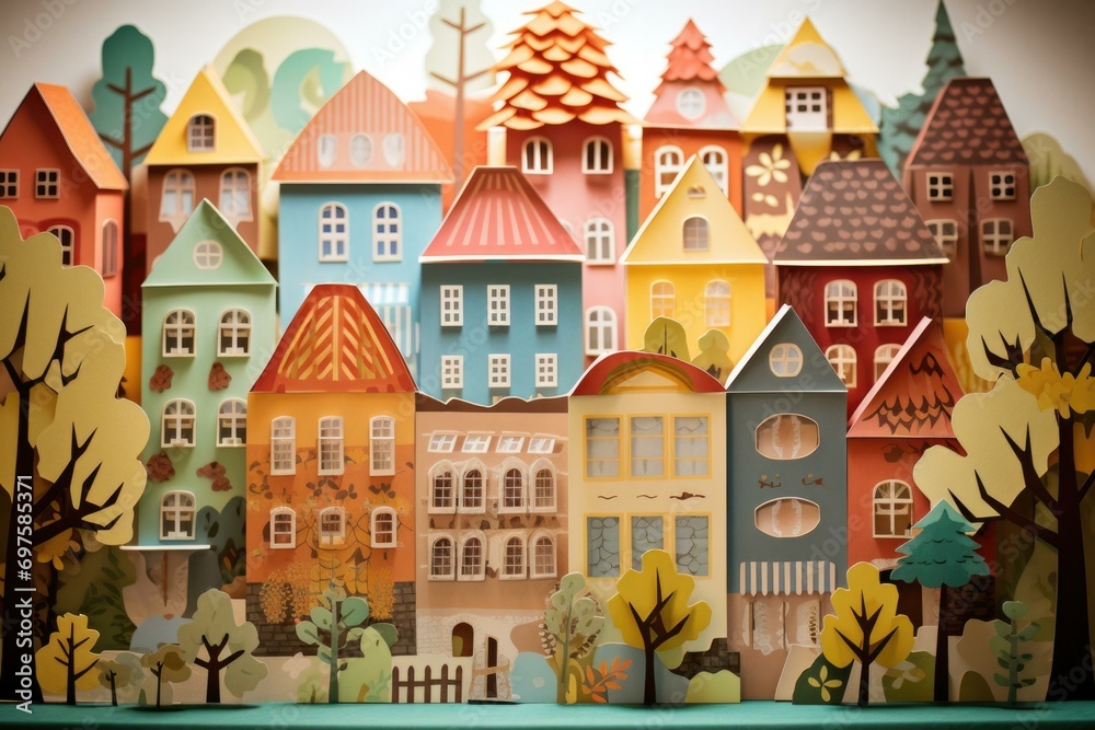A charming paper art village with colorful houses and trees creates a delightful visual feast. Generative AI.