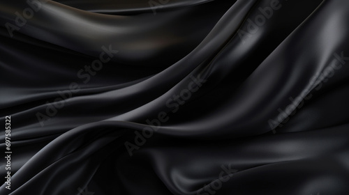 Luxurious black satin draped gracefully, creating a smooth texture and a sophisticated background with a sense of depth. photo