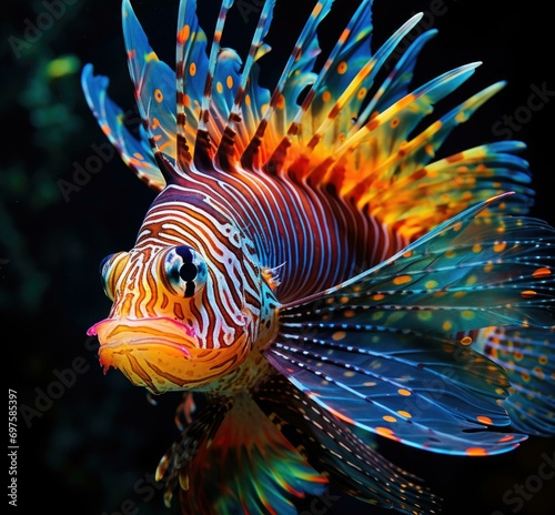 A lionfish with bright colors swimming in the dark. Generative AI.