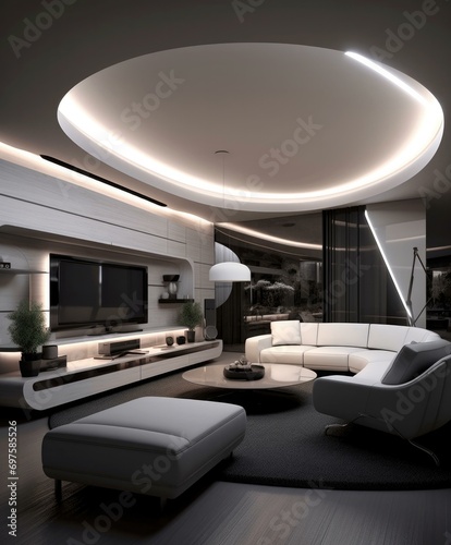 A sleek and elegant living room with white furniture and soft lighting. Generative AI.