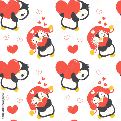 Fototapeta Naklejka Na Ścianę i Meble -  Valentine pattern seamless cute penguin with heart transparent background