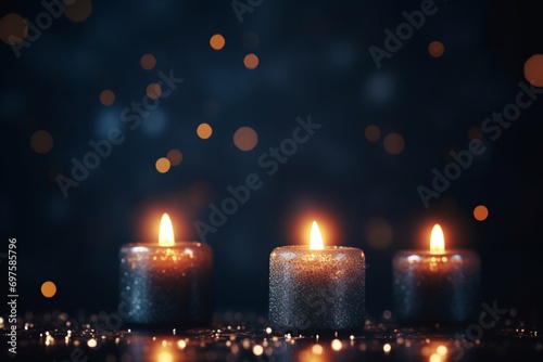 Three candles in full flame against an abstract black background, encouraging contemplation of a celebratory mood. It represents the festive concept, copy space. Created with generative AI tools © Oleksii