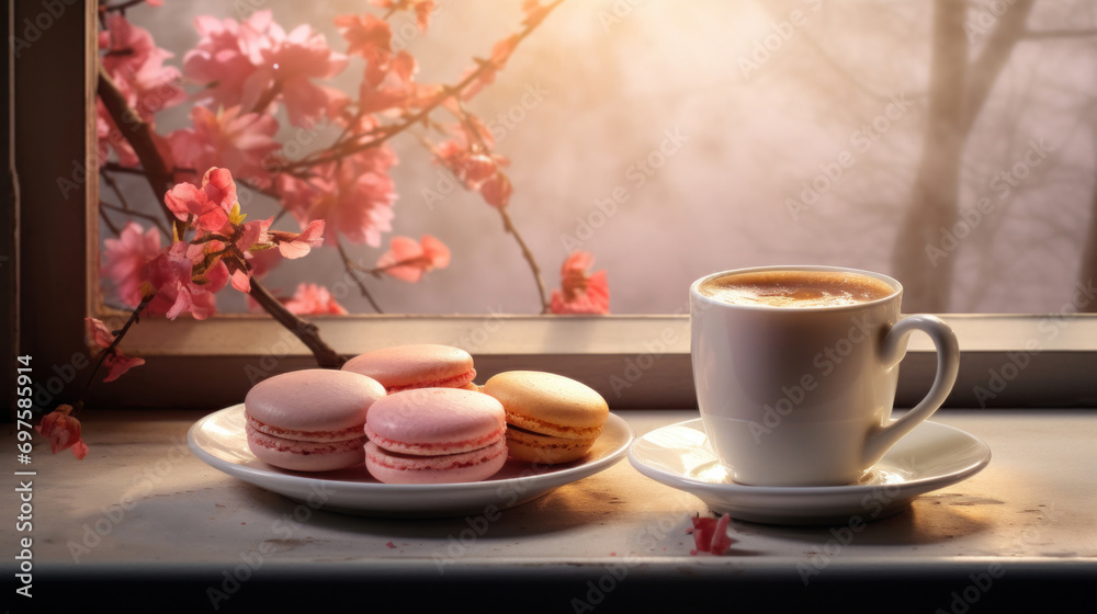 A serene morning scene with a steaming cup of coffee and pastel macarons, accompanied by soft pink blooming branches.