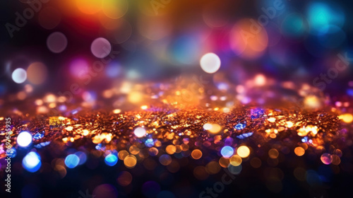Vibrant abstract background of bokeh lights with a blend of various colors and glitter effect.