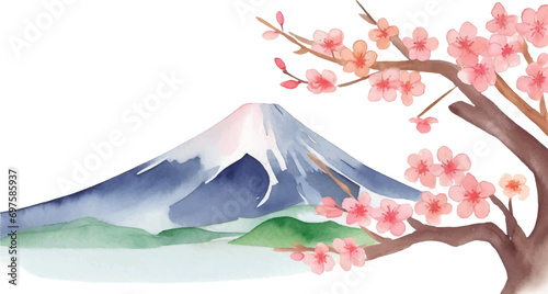 日本の綺麗な山と梅の花の水彩イラスト photo