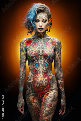 A portrait of a naked woman with her entire body covered in tattoos. Beautiful female looking into the camera