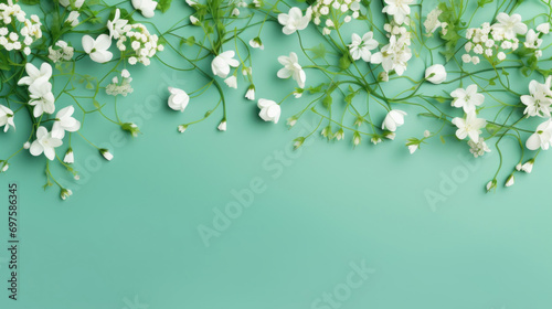 An elegant arrangement of white flowers and lush greenery against a soothing teal background, evoking freshness. © tashechka