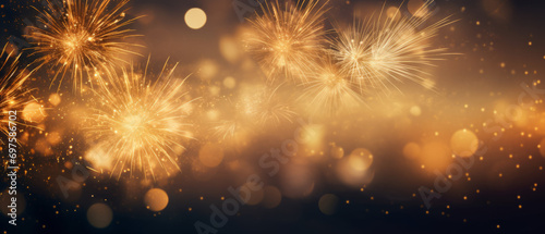 bright fireworks lit up the sky on the night, Happy new year glitter gold banner, with, bokeh panorama, dark gray and indigo. Explosion, Christmas