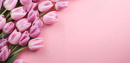 A collection of pink tulips on a soft pink background, suitable for spring holidays and greeting cards. © Ash
