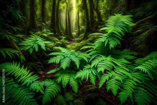 Vibrant green ferns unfurling their fronds in a secluded rainforest nook.