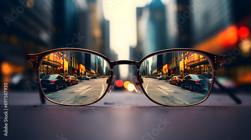 a city reflected in glasses