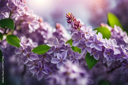 150mm lens closeup of Purple lilac flowers blossom in garden, spring background photo