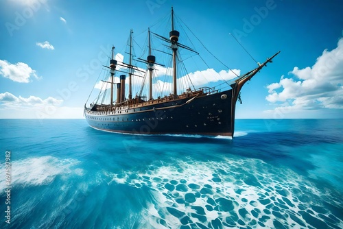 A pristine blue sky stretches over a boundless ocean, featuring a weathered, historic vessel. © Nazia
