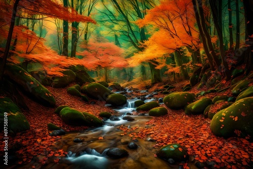 A panoramic image of a fantasy forest in autumn  with leaves in vibrant shades of orange and red. Glowing emerald green butterflies create a dazzling contrast as they flutter near a babbling brook.