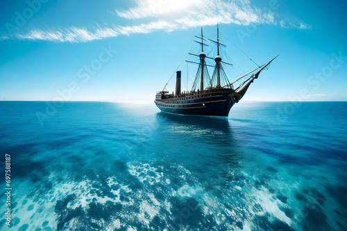 Endless blue skies meeting a vast expanse of calm ocean waters  with an antique ship on the horizon.