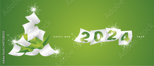 We wish you Happy New Year 2024. Beautiful winter holiday greeting card design template on green background. White lucky green paper in the form of Christmas tree and separate New Year 2024 with calen