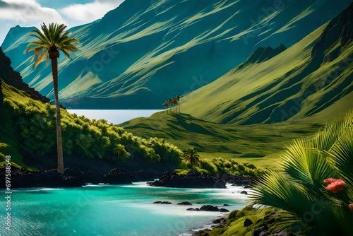 A 105mm close-up shot of a lush Icelandic valley, displaying a striking palm tree against a mountainous backdrop, with a clear view of the ocean and a sky-blue canvas
