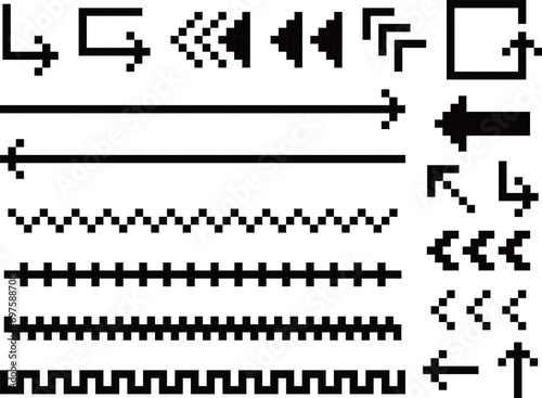 サイバーパンクなドット絵の矢印とラインセット　ブラック