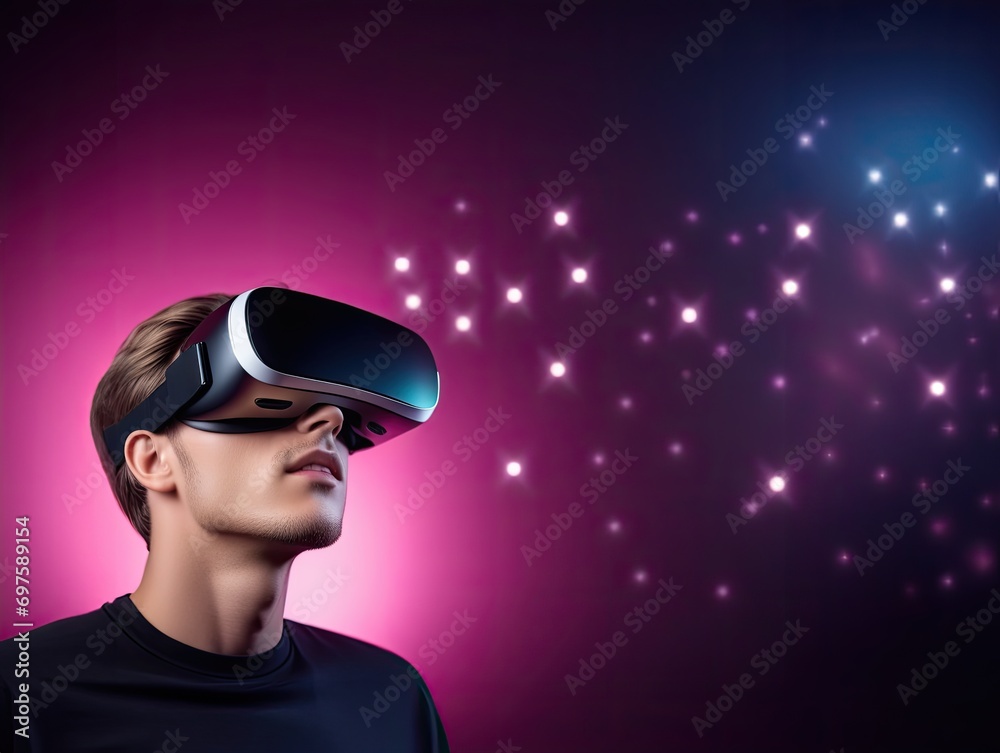 Man in VR glasses with virtual touch Man in VR glasses with virtual touch