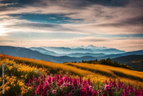 A close-up photo of a colorful mountain landscape at day light, , captured through a 105mm lens, highlighting a field of bright Different color variations flowers against a vivid sky.