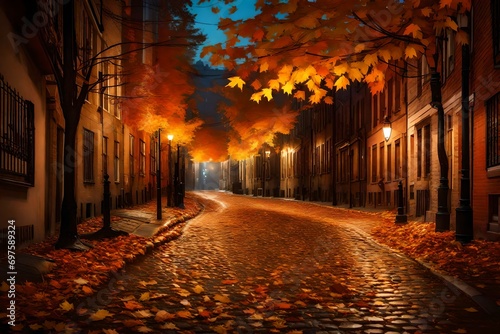 An evening scene in an urban alleyway  illuminated by soft  warm streetlights. Autumn leaves  in shades of orange  yellow  and brown  are scattered across the cobblestones