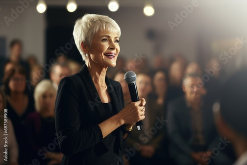 senior woman in business suit entrepreneur professional giving seminar in front of audience © Iryna
