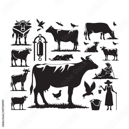 Morning Farmstead with Cow Silhouette  Dawn Serenity  Agricultural Sunrise  and Detailed Silhouetted Scenes 