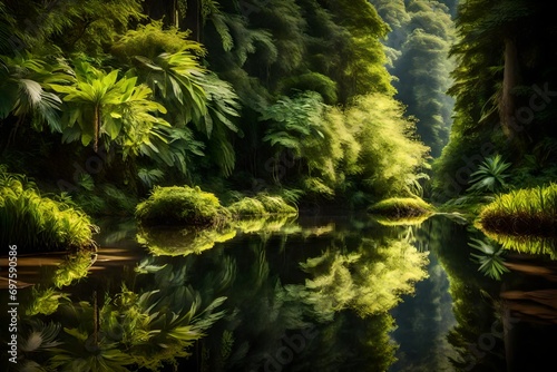 A tranquil rainforest pond reflecting the green beauty above.