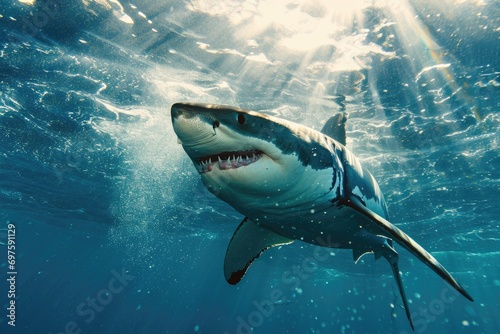 A captivating image of a great white shark swimming gracefully in the vast ocean. Perfect for nature enthusiasts and marine life enthusiasts.