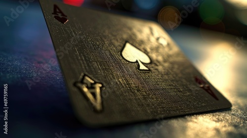 A detailed close up of a playing card placed on a table. Suitable for various card game themes or gambling-related designs photo
