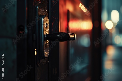 A close up view of a door handle. This picture can be used to showcase architectural details or to represent the concept of entrance and access