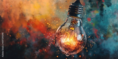 A light bulb hangs from a wire against a blurry background. This image can be used to depict creativity, innovation, or the concept of an idea.