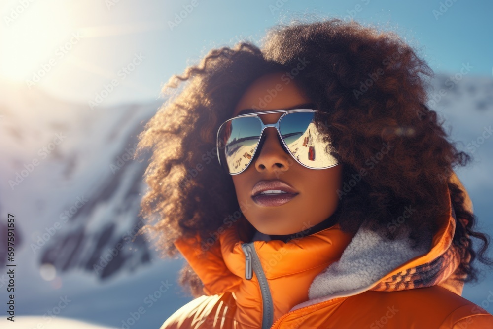 A woman wearing a jacket and sunglasses stands in the snow. This image can be used to depict winter fashion or outdoor activities in cold weather A woman wearing a jacket and sunglasses stands in the snow. This image can be used to depict winter fashion or outdoor activities in cold weather