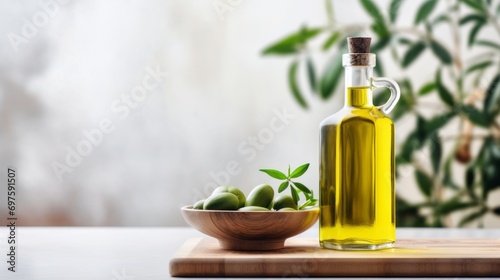 glass jar of a bottle of extra virgin olive oil along with a bowl of olives