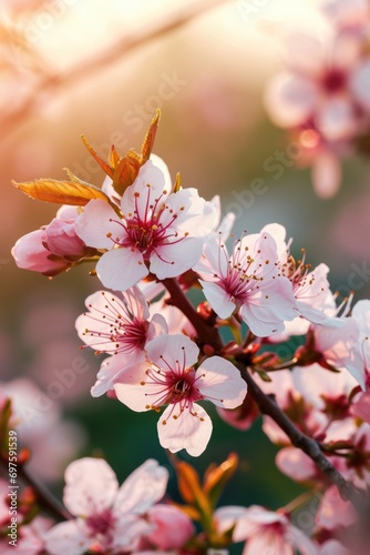 Close up of a bunch of flowers on a tree branch. Perfect for nature and floral themes