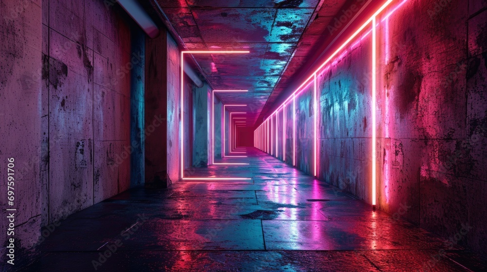 A visually striking image of a long hallway illuminated by vibrant neon lights. Perfect for adding a modern and edgy touch to any design project A visually striking image of a long hallway illuminated by vibrant neon lights. Perfect for adding a modern and edgy touch to any design project