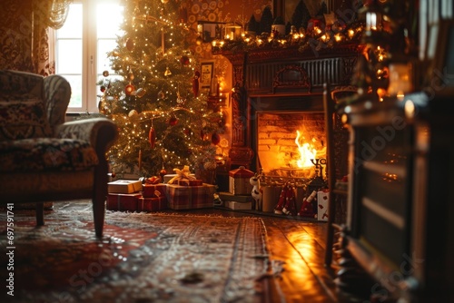 A cozy living room adorned with a beautifully decorated Christmas tree and a warm fireplace. Perfect for creating a festive and inviting atmosphere during the holiday season
