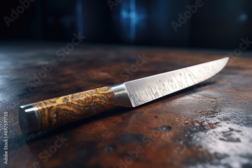 A knife is placed on top of a wooden table. This image can be used for cooking, kitchen utensils, food preparation, or culinary themes