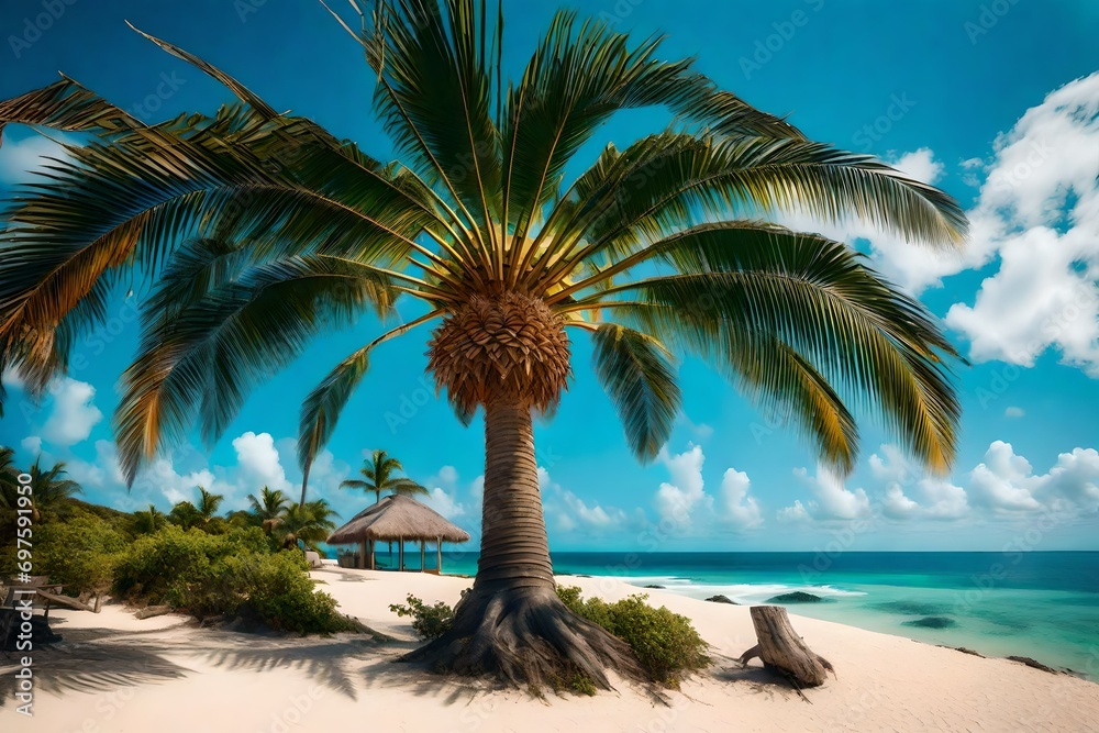 Obraz premium Using a 105mm lens, capture the vivid hues of a palm tree in sharp focus against the backdrop of a pure blue sky, gazing out over the pristine ocean vista.
