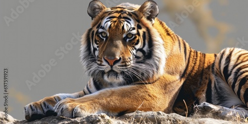 A tiger peacefully lays on top of a pile of rocks. This image can be used to depict the strength and beauty of nature #697591923