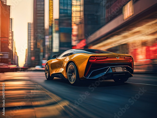 a view of a sports car driving down a city street