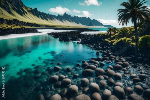 A serene Icelandic landscape, where palm trees stand tall against the backdrop of a crystal-clear ocean, with small, radiant stones dotting the shore.