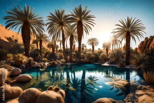 A hidden oasis in the desert  with a small pool of water  palm trees  and a brilliant blue sky.