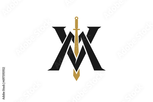 M V initial logo design with sword medieval warrior.