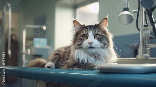 A cute brown and white longhair cat is waiting to be treated on an examination table in an animal hospital. A close-up realistic picture of a pet in a healthcare center. photo