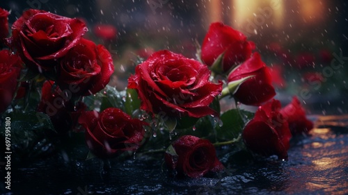 red roses and water drops. generative ai